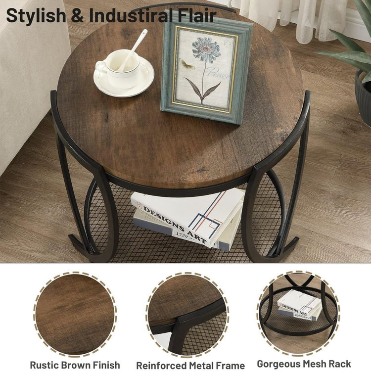 Round Industrial Side Table with Storage Shelf and Metal Frame-Hansart, Tables, Add a touch of industrial charm to your space with this Round Side Table with Mesh Storage Shelf. Combining rustic wood textures with a sleek black metal frame, this versatile accent table brings both style and functionality to any room. The round tabletop provides a perfect spot for a lamp, books, or decorative accents, while the lower mesh shelf adds extra storage for magazines, baskets, or other essentials. Crafted for durabi