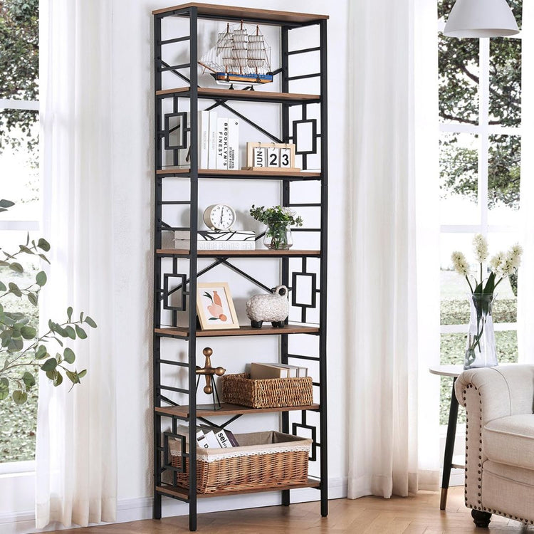 Industrial 7-Tier Bookshelf with Wood Shelves and Metal Frame, HANSART, Add a touch of industrial charm and practical storage to your space with this Industrial 7-Tier Metal and Wood Tall Bookshelf. Standing tall at 84.4 inches, this open shelving unit blends sturdy black metal framing with rustic wood shelves, creating a versatile piece perfect for home offices, living rooms, or studies. The unique geometric side panels add a modern flair, while the open-back design ensures an airy feel, making it a stylis