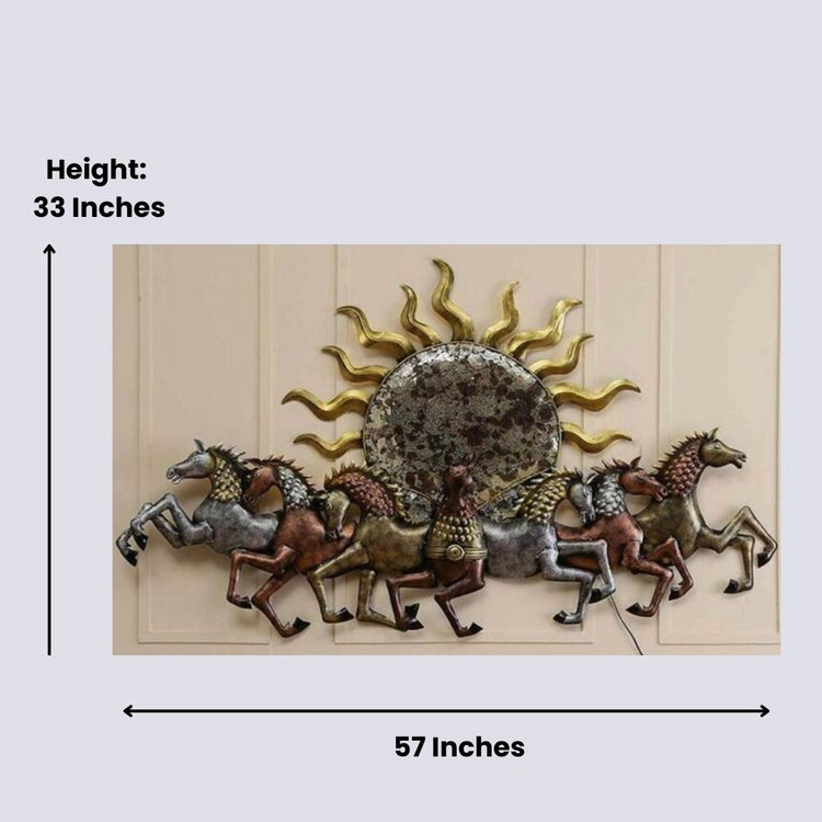 7 Horses With Sun Metal Wall Art-Made of High-Quality Iron Metal Anti-rust powder coating used Hanging Mechanism included Horse wall decor with led lighting Perfect for your living room, bedroom, hall, office reception, guest room, and hotel reception The product is packed by professionals for safe delivery Designed to make your home look complete Total Wall Coverage Area: 57 x 33 Inches
