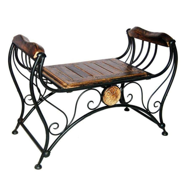 Vintage Wrought Iron Decorative Bench with Wooden Seat and Scroll Armrests, HANSART, Bring timeless elegance and functionality to your space with this beautifully crafted Vintage Wrought Iron Decorative Bench with Wooden Seat. Blending classic design with sturdy construction, this bench features gracefully curved wrought iron legs and arms, intricately detailed scrollwork, and a solid wood seat with a rustic finish. The centerpiece medallion adds a touch of vintage charm, making it perfect for both indoor a