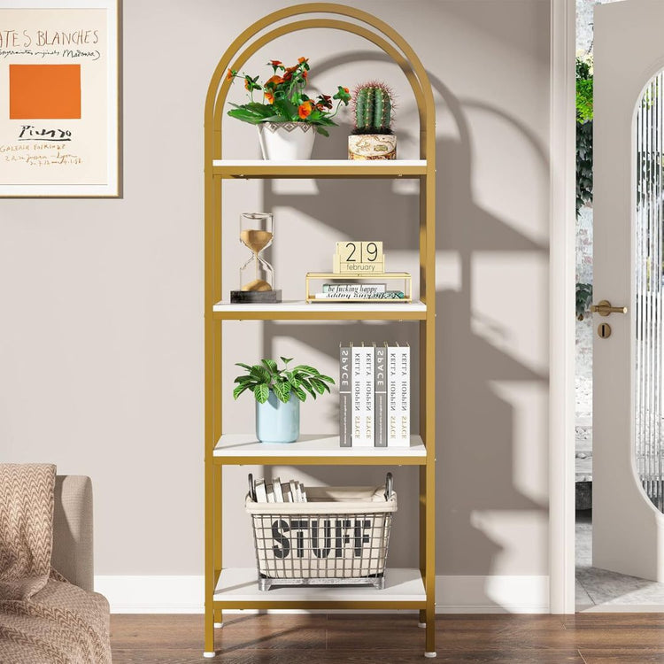 4-Tier Gold Arched Metal Bookshelf with White Shelves for Living Room, Bedroom, or Office, HANSART, Elevate your space with this elegant 4-Tier Gold Arched Bookshelf featuring clean lines and a modern design. The eye-catching arched frame in a chic gold finish complements the sleek white shelves, making it the perfect addition to contemporary, modern, or glam-style interiors. Whether you need extra storage or a decorative display rack, this bookshelf is both stylish and functional. With its tall, narrow str