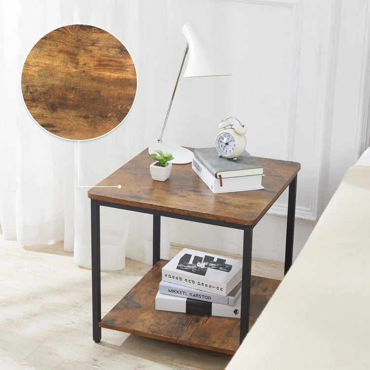 Rustic Wood Top and Black Metal Frame, End Table for Living Room or Bedroom-Hansart, Tables, Bring industrial charm and functional design to your home with this Industrial Square Side Table with Storage Shelf. Crafted with a rustic wood finish and a sturdy black metal frame, this versatile end table combines durability with a modern farmhouse aesthetic. The spacious tabletop provides the perfect spot for a lamp, books, or your favorite décor pieces, while the lower shelf adds additional storage for magazine