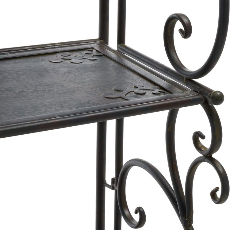 Vintage Black Metal 4-Tier Scrollwork Baker’s Rack, HANSART, Add timeless charm and versatile storage to your home or garden with this Vintage Black Metal 4-Tier Scrollwork Baker’s Rack. Crafted from durable wrought iron with a classic black finish, this freestanding shelving unit showcases intricate scrollwork and a heart-shaped accent that brings an elegant touch to any space. With four spacious shelves, it’s perfect for displaying plants, decorative accents, kitchenware, or garden tools. Its open design