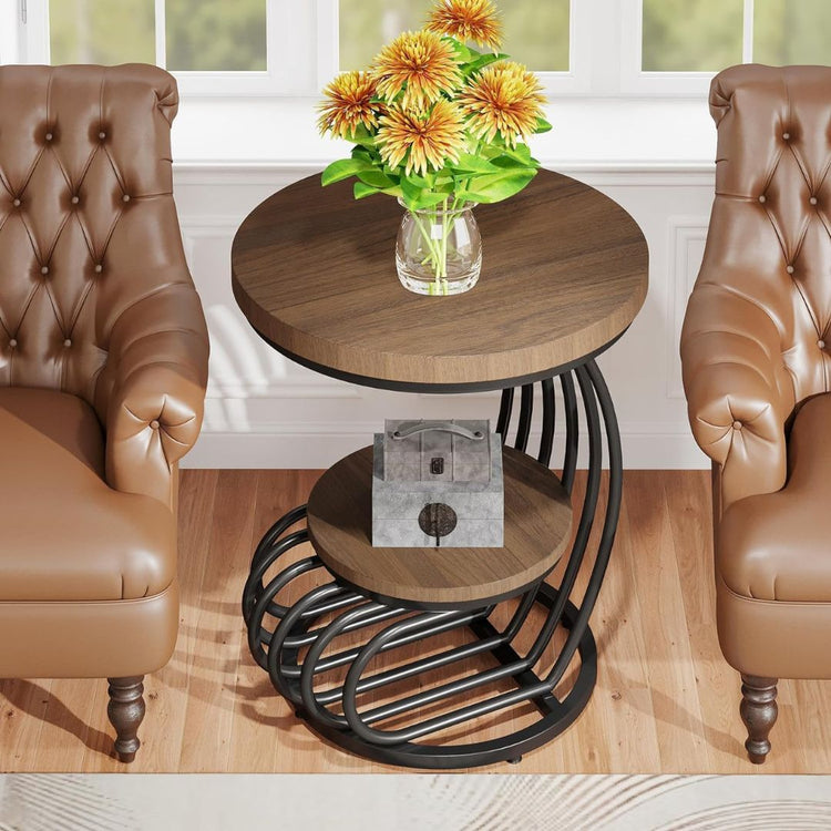 Modern Round End Table with 2-Tier Wood Shelves and Curved Metal Base-Hansart, Tables, Elevate your living space with this modern industrial round side table. Designed with a perfect blend of rustic wood and contemporary metal accents, this stylish table brings functionality and sophistication to any room. The dual-tiered design provides ample surface area for both display and storage, while the artistic curved metal base adds a bold architectural statement. Ideal for your living room, reading nook, or offi