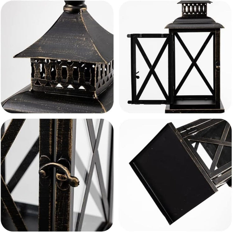 Vintage Black Candle Lantern Holder for Indoor Outdoor Decoration-Hansart-Hansart, Add a touch of vintage charm and warm ambiance to your space with this Rustic Black Metal Candle Lantern. Crafted from durable metal with clear glass panels, this lantern features an elegant cross-frame design and distressed finish, making it a perfect addition to both indoor and outdoor decor. Place a real or flameless LED candle inside to create a cozy glow on your patio, living room, garden, or during special events like w