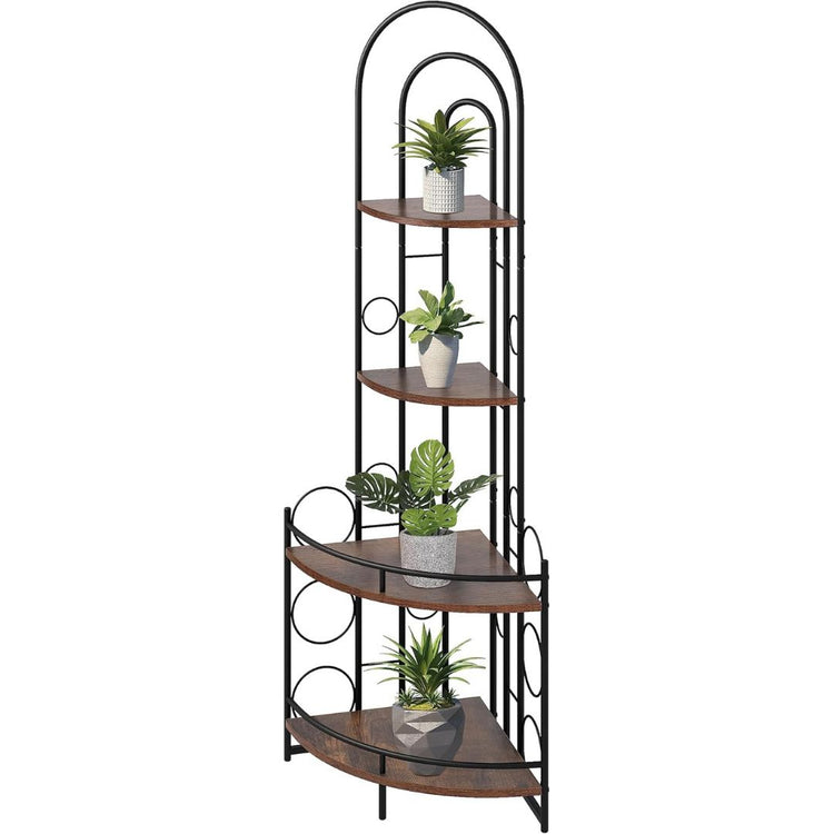 4-Tier Metal Corner Shelf with Rustic Wood Shelves for Home Decor, HANSART, Maximize your space with this 59-Inch Tall Modern Industrial Corner Shelf Unit, a perfect combination of form and function. Designed to fit snugly into any corner, this 5-tier shelving unit features a sturdy metal frame with an elegant black finish and rich wooden shelves. The arched top and circular accents give it a contemporary look that complements both modern and industrial décor styles. With its varying shelf widths, this unit