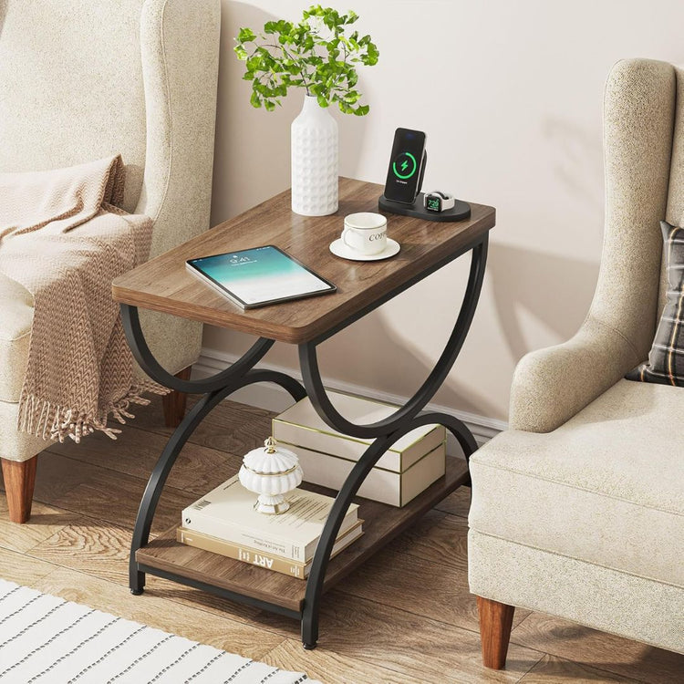 Rectangular Side Table with Storage Shelf, Wood Top and Metal Frame-Hansart, Tables, Elevate your home décor with this Modern Industrial End Table, blending functionality with bold, geometric design. Crafted with a sturdy black metal frame and rich wood grain shelves, this accent table adds a contemporary yet rustic flair to your living room, bedroom, or office. The striking curved metal supports create an eye-catching silhouette, while the two-tier shelving offers ample space for your essentials or decorat