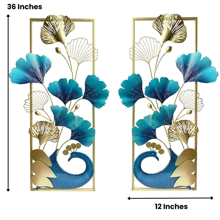A set of two vertical frame metal wall art featuring a peacock and leaves with a gold and multicolor design.