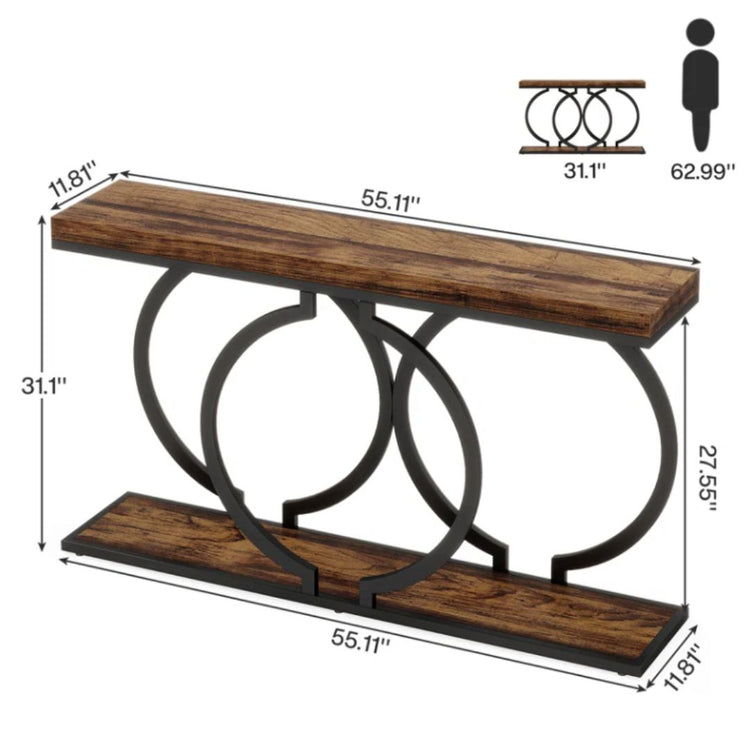 Modern Console Table with Geometric Circle Base in Rustic Brown and Black-Hansart, Tables, Add a touch of industrial charm to your living space with the Industrial Console Table. Featuring a warm wood-grain finish paired with a sleek black metal frame, this eye-catching piece brings both style and function to your home. Whether you&