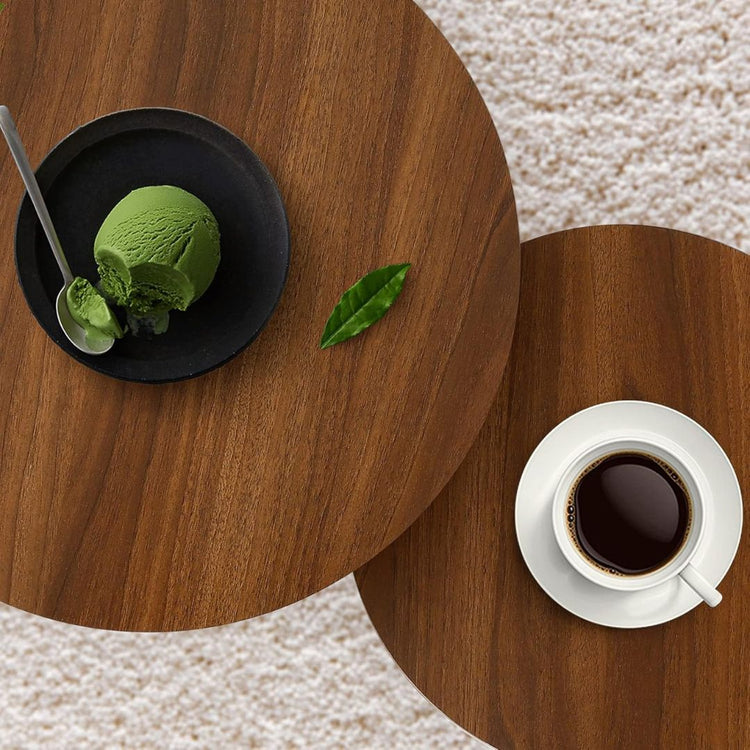 Set of 2 Round Nesting Side Tables with Wood Top and Metal Legs-Hansart, Tables, Elevate your home decor with this stylish Set of 2 Round Nesting Side Tables, designed to blend modern aesthetics with practical functionality. Featuring rich wood grain tops and sleek black metal frames, these tables add a contemporary industrial vibe to any living space. The set includes two different sizes, allowing you to nest them together for a space-saving solution or use them separately as side tables, coffee tables, or