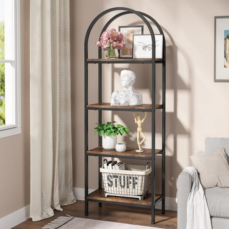 Metal Frame and Wood Display Shelf, Freestanding Storage Rack for Living Room, Bedroom, HANSART, Elevate your home decor with this elegant 4-Tier Arched Bookshelf, combining a rustic wood finish with a sturdy black metal frame. The unique arched design adds a stylish architectural element, making it an eye-catching centerpiece in any room. Ideal for displaying books, plants, decorative items, or collectibles, this freestanding storage rack offers both functionality and sophistication. Its space-saving struc