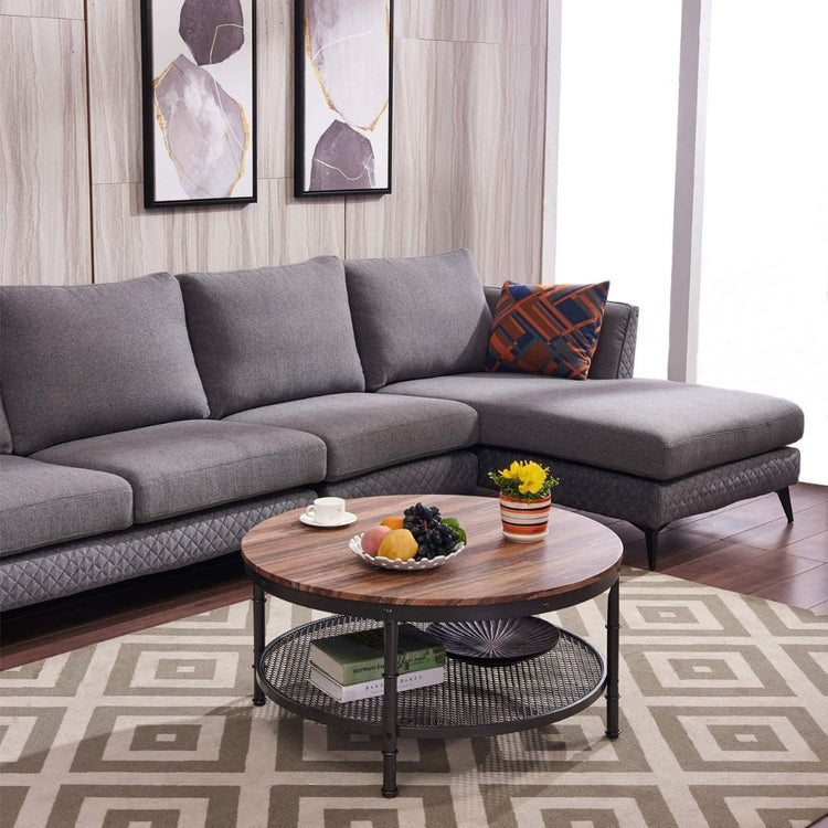 Round Industrial Coffee Table with Storage Shelf and Wood Top-Hansart, Tables, Elevate your living space with this stylish and functional Industrial Round Coffee Table. Featuring a warm rustic wood finish paired with a sturdy black metal frame, this table brings a modern industrial vibe to any room. The spacious round tabletop offers ample space for drinks, snacks, and decor, while the lower mesh shelf provides convenient storage for books, magazines, and more. Perfect for living rooms, lounges, or offices,
