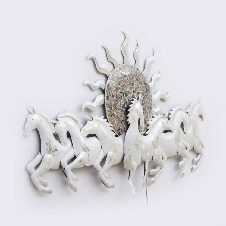 Bring the sun and the wild to your living room with this 48" wall art. Featuring seven beautiful white horses and a striking sun, this piece is sure to bring excitement and life to any space. Gallop into your dream living room with this stunning piece of art. Size: 48 x 27 Inches. Made of High-Quality Iron Metal Anti-rust powder coating used for long lasting finish Hanging Mechanism included Horse wall decor with led lighting
