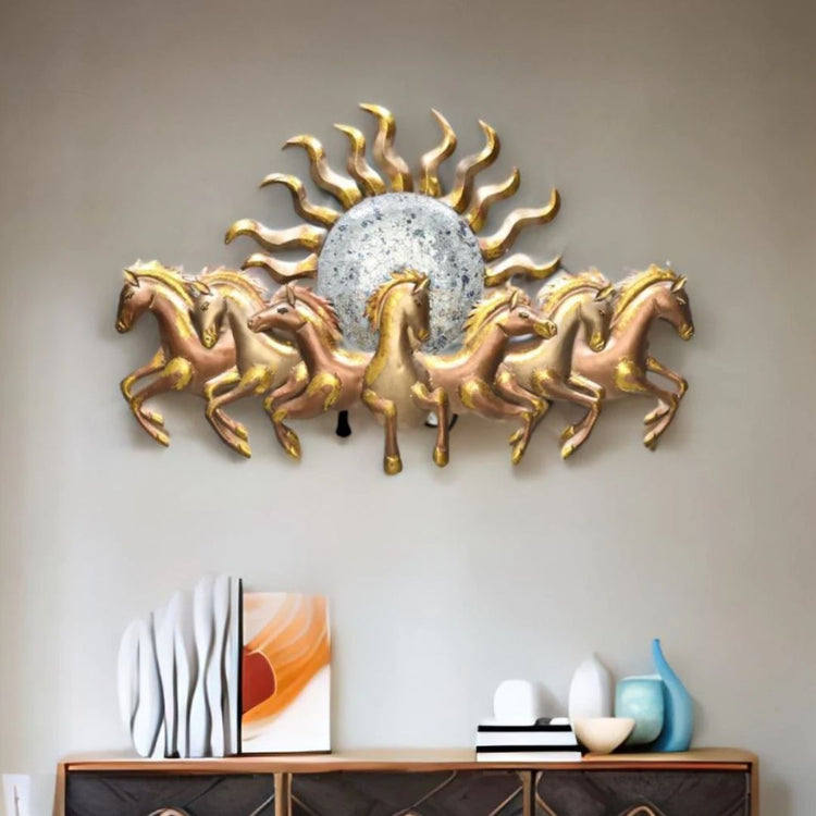 This Gold 7 Horses with Sun Metal Wall Art is the perfect addition to any living room. Crafted from metal, it features striking gold coloring and an iconic 7 horses with sun design. Hang it in any space to bring warmth and personality to your interior. Size: 48 x 27 Inches. Made of High-Quality Iron Metal Anti-rust powder coating used for long lasting finish Hanging Mechanism included Horse wall decor with led lighting