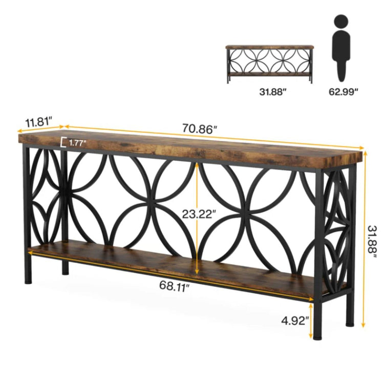 Console Table with Geometric Metal Frame and Rustic Wood Shelves-Hansart, Tables, Add a touch of industrial charm to your living space with the Industrial Console Table. Featuring a warm wood-grain finish paired with a sleek black metal frame, this eye-catching piece brings both style and function to your home. Whether you&