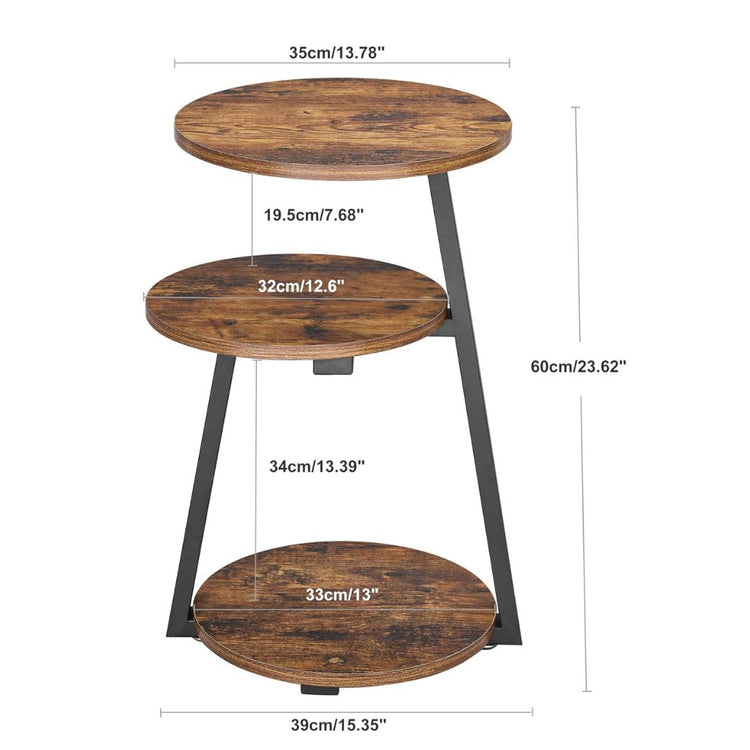 Industrial Vintage Display Shelf with Wood Finish and Metal Frame Side Table-Hansart, Tables, Enhance your home decor with this stylish and functional 3-Tier Round Plant Stand. Crafted with a rustic wood finish and a sturdy black metal frame, this industrial-inspired display shelf blends vintage charm with modern elegance. Standing at 60 cm (23.62 inches) tall, this multi-functional stand is perfect for showcasing plants, books, decorative items, or even as a compact side table.