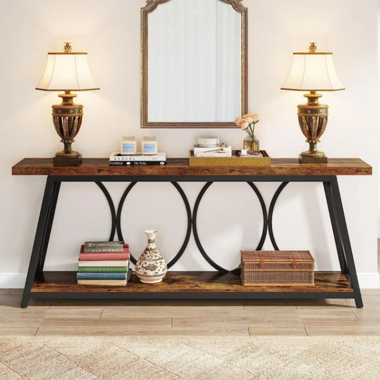 Rustic Console Table with Open Geometric Metal Frame and 2-Tier Wood Shelves-Hansart, Tables, Add a touch of industrial charm to your living space with the Industrial Console Table. Featuring a warm wood-grain finish paired with a sleek black metal frame, this eye-catching piece brings both style and function to your home. Whether you&
