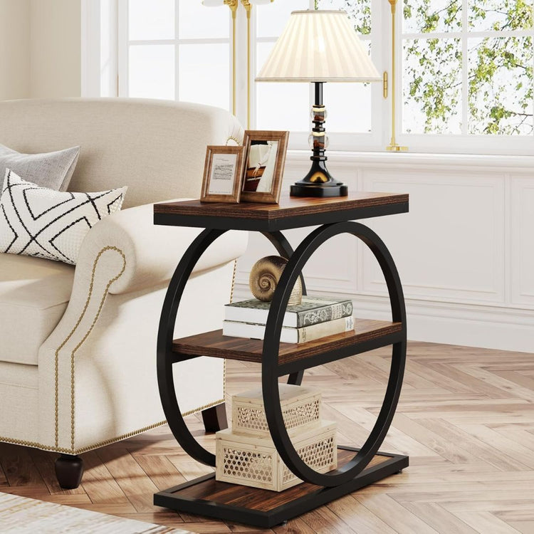 Modern Industrial Circle Frame Side Table with Storage Shelves-Hansart, Tables, Enhance your living space with this Modern Industrial Circle Frame Side Table. Featuring a unique geometric design with circular metal framing, this accent table combines rustic charm with contemporary flair. Crafted from durable engineered wood in a rich, dark brown finish and supported by a sturdy black powder-coated steel frame, it’s built to last. The table includes two spacious open shelves, ideal for displaying books, déco