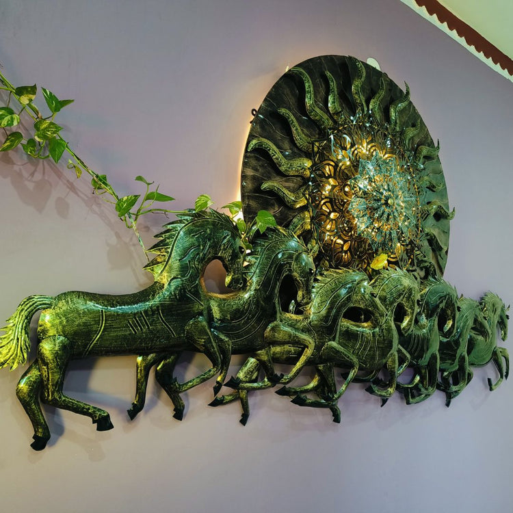 96 Inches Antique 7 Horses with Sun Metal Wall Art for Living Room. HANSART. This stunning 96 x 48 Inches (8 x 4 ft.) metal wall art features an intricate design of seven galloping horses, symbolizing strength, success, and prosperity, along with a radiant sun in the background. Crafted with a combination of antique gold and green shades, this piece is an elegant addition to any home or office decor. The detailed carving and textured finish give it a luxurious and traditional aesthetic.