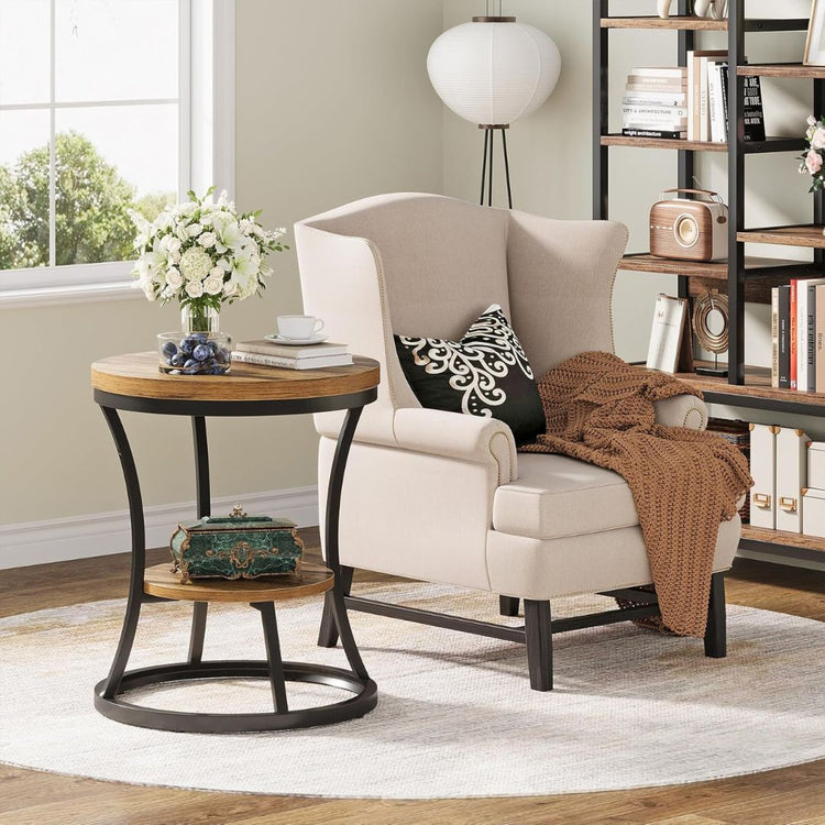 Round End Table with Storage Shelf, Wood Top and Metal Frame-Hansart, Tables, Enhance your living space with this Modern Industrial Round Side Table, a perfect blend of rustic charm and contemporary design. Featuring a smooth woodgrain top and a sturdy black metal frame, this versatile end table offers both style and functionality. The two-tier design provides ample storage and display space, ideal for keeping your essentials within reach or showcasing decorative items. With its compact footprint and sleek