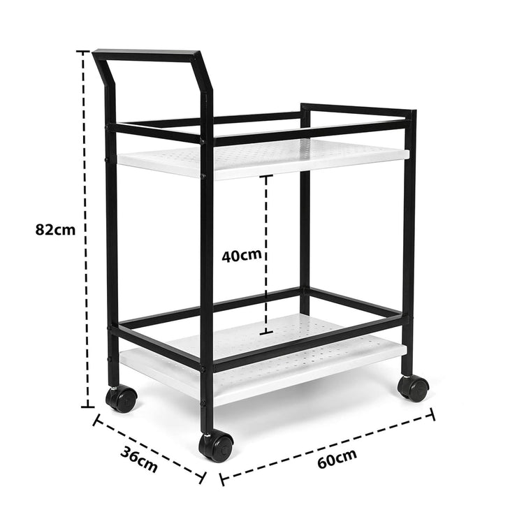 Black metal serving cart with measurements on a white background