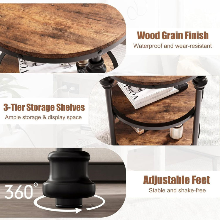 Rustic Round End Table with 3-Tier Storage and Metal Frame-Hansart, Tables, Add a touch of vintage charm and practical storage to your space with this Vintage Industrial Round Nightstand with 3-Tier Storage Shelves. Crafted with a sturdy black metal frame and rustic brown wood surfaces, this end table blends industrial style with farmhouse warmth. Its three-tier round design provides ample space for organizing your essentials, whether it’s in the bedroom as a nightstand or in the living room as a side table
