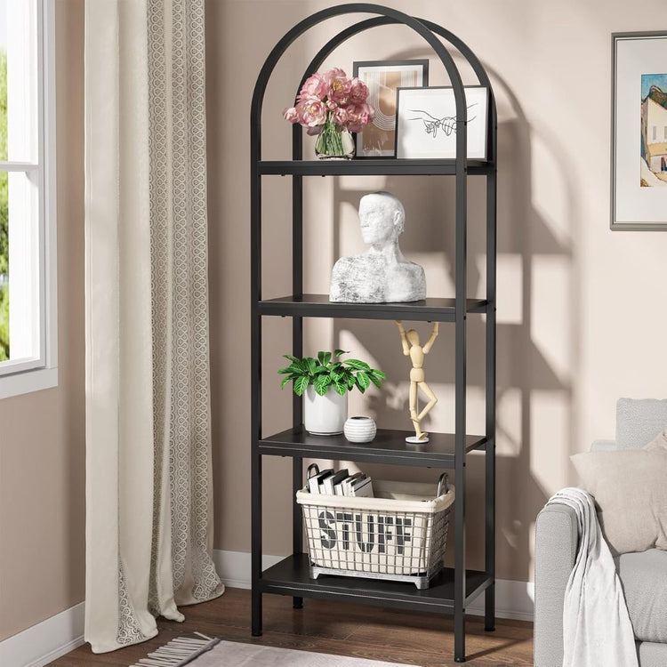 4-Tier Arched Metal Bookshelf, Black Display Rack, HANSART, Elevate your home or office decor with this sleek and modern 4-Tier Arched Metal Bookshelf. Designed with a stylish arched frame and a matte black finish, this versatile shelving unit blends seamlessly into any interior. The open shelving provides ample space for books, decorative items, plants, or storage baskets. Constructed from durable metal, this bookshelf offers stability and strength, making it a perfect combination of function and style. Mo