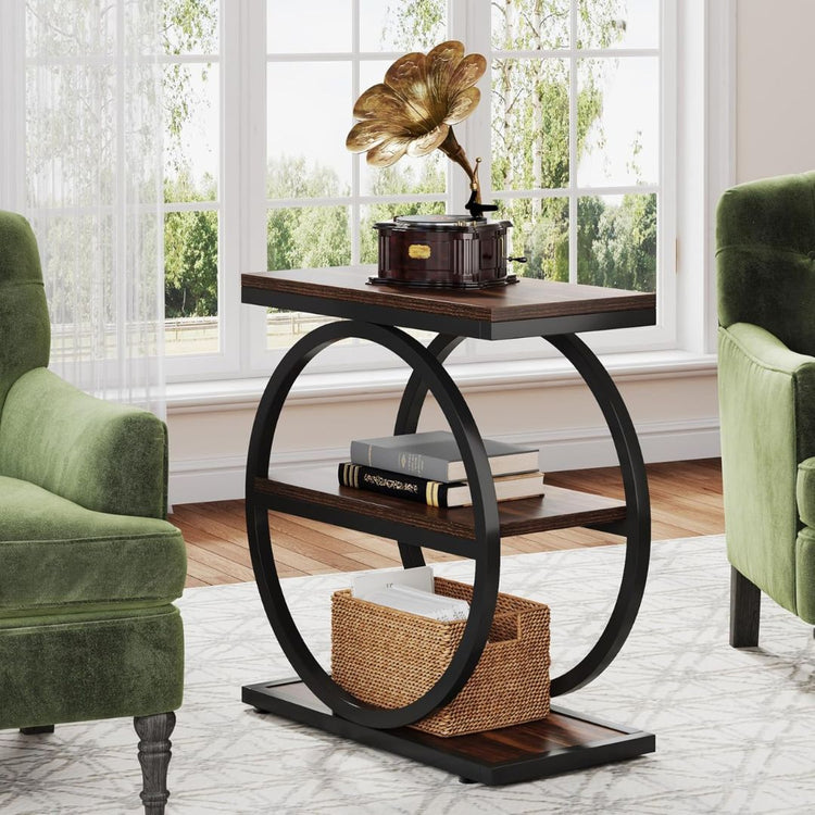 Modern Industrial Circle Frame Side Table with Storage Shelves-Hansart, Tables, Enhance your living space with this Modern Industrial Circle Frame Side Table. Featuring a unique geometric design with circular metal framing, this accent table combines rustic charm with contemporary flair. Crafted from durable engineered wood in a rich, dark brown finish and supported by a sturdy black powder-coated steel frame, it’s built to last. The table includes two spacious open shelves, ideal for displaying books, déco