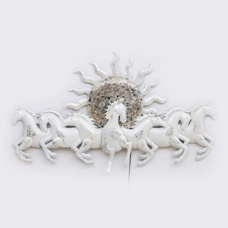 Bring the sun and the wild to your living room with this 48" wall art. Featuring seven beautiful white horses and a striking sun, this piece is sure to bring excitement and life to any space. Gallop into your dream living room with this stunning piece of art. Size: 48 x 27 Inches. Made of High-Quality Iron Metal Anti-rust powder coating used for long lasting finish Hanging Mechanism included Horse wall decor with led lighting