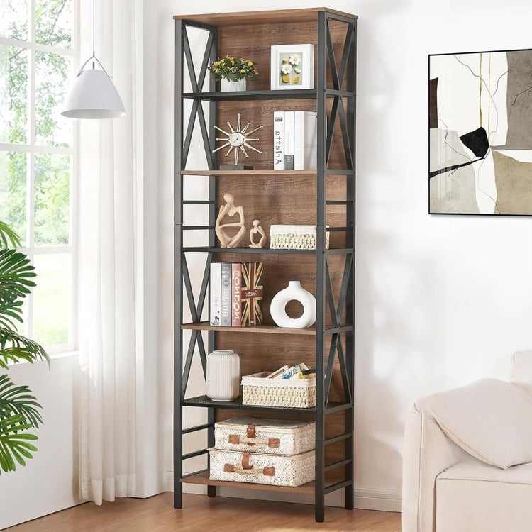6-Tier Bookshelf with Metal Frame and Wood Shelves for Home Office and Living Room, HANSART, Maximize your vertical space and add an industrial charm to your room with this 6-Tier Industrial Bookshelf. Standing at 84 inches tall, this freestanding bookcase features a sturdy black metal frame combined with rustic wood shelves for a stylish, modern look. With five spacious tiers, it’s perfect for storing books, displaying collectibles, or organizing everyday items. Its open-back design paired with X-frame sid