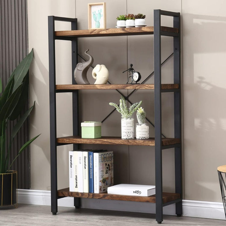 4-Tier Bookshelf with Metal Frame and Wood Shelves, HANSART, Elevate your home or office organization with this stylish 4-Tier Industrial Bookshelf. Designed with a sturdy black metal frame and rustic wood shelves, this freestanding shelving unit offers both durability and charm. Perfect for displaying books, plants, décor, or office supplies, its compact footprint makes it ideal for small spaces while still providing generous storage. The open design and crossbar support add an industrial flair, blending s