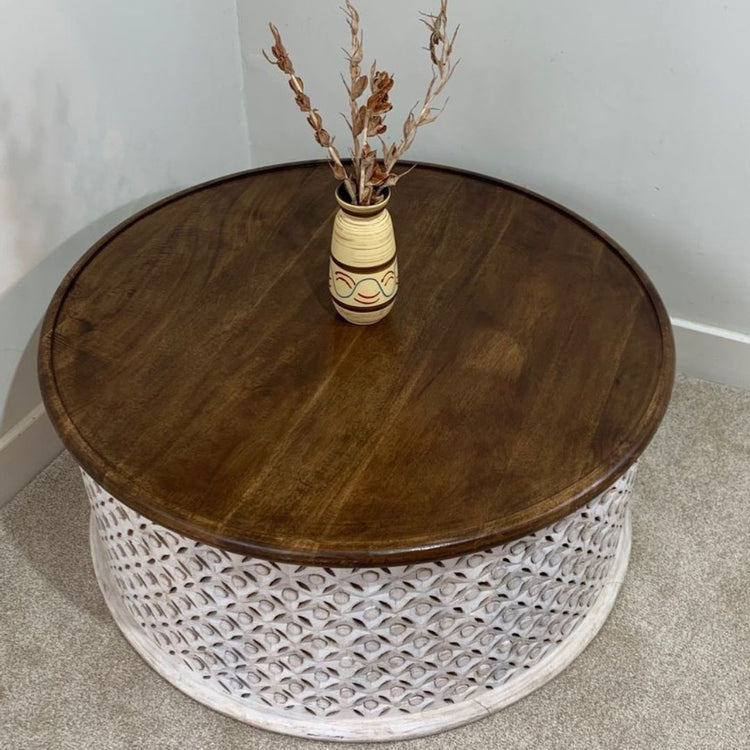 Handcrafted Round Wooden Coffee Table with Decorative Carving-Hansart, Tables, Add a touch of rustic elegance to your living space with this Handcrafted Round Wooden Coffee Table. Featuring a beautifully stained solid wood top and a hand-carved lattice base, this table combines timeless design with modern farmhouse charm. The contrast between the rich brown tabletop and the distressed whitewashed base creates a stunning centerpiece perfect for any living room, lounge, or sitting area. Its sturdy constructio