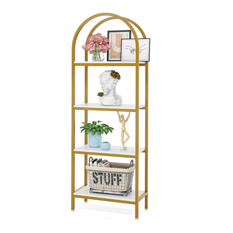 4-Tier Gold Arched Metal Bookshelf with White Shelves for Living Room, Bedroom, or Office, HANSART, Elevate your space with this elegant 4-Tier Gold Arched Bookshelf featuring clean lines and a modern design. The eye-catching arched frame in a chic gold finish complements the sleek white shelves, making it the perfect addition to contemporary, modern, or glam-style interiors. Whether you need extra storage or a decorative display rack, this bookshelf is both stylish and functional. With its tall, narrow str
