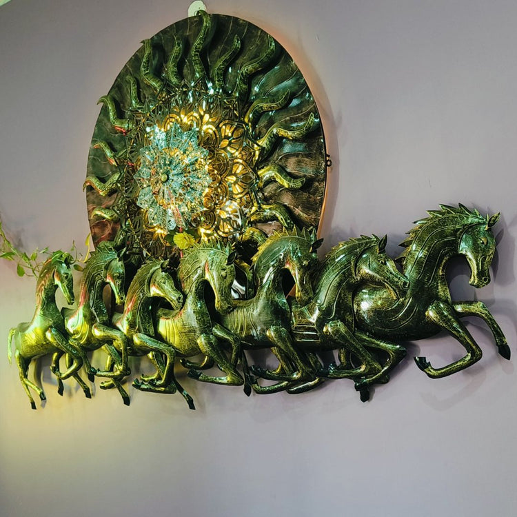 96 Inches Antique 7 Horses with Sun Metal Wall Art for Living Room. HANSART. This stunning 96 x 48 Inches (8 x 4 ft.) metal wall art features an intricate design of seven galloping horses, symbolizing strength, success, and prosperity, along with a radiant sun in the background. Crafted with a combination of antique gold and green shades, this piece is an elegant addition to any home or office decor. The detailed carving and textured finish give it a luxurious and traditional aesthetic.