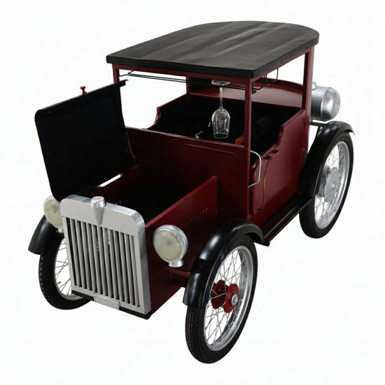 Vintage car-shaped bar with open door on a white background