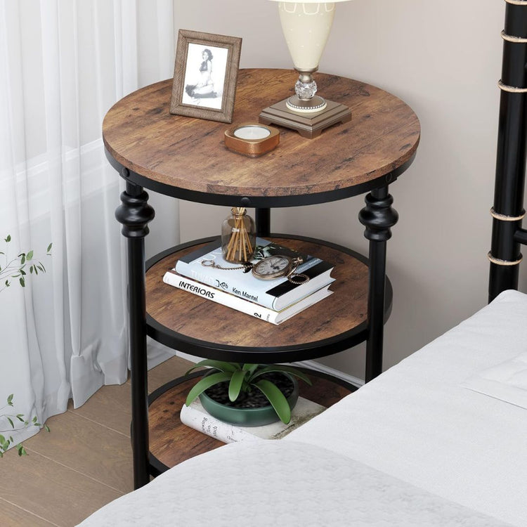 Rustic Round End Table with 3-Tier Storage and Metal Frame-Hansart, Tables, Add a touch of vintage charm and practical storage to your space with this Vintage Industrial Round Nightstand with 3-Tier Storage Shelves. Crafted with a sturdy black metal frame and rustic brown wood surfaces, this end table blends industrial style with farmhouse warmth. Its three-tier round design provides ample space for organizing your essentials, whether it’s in the bedroom as a nightstand or in the living room as a side table
