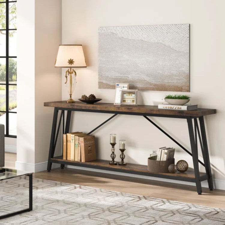 Industrial Console Table with Open Storage Shelf and Metal Frame-Hansart, Tables, Add a touch of industrial charm to your living space with the Industrial Console Table. Featuring a warm wood-grain finish paired with a sleek black metal frame, this eye-catching piece brings both style and function to your home. Whether you&