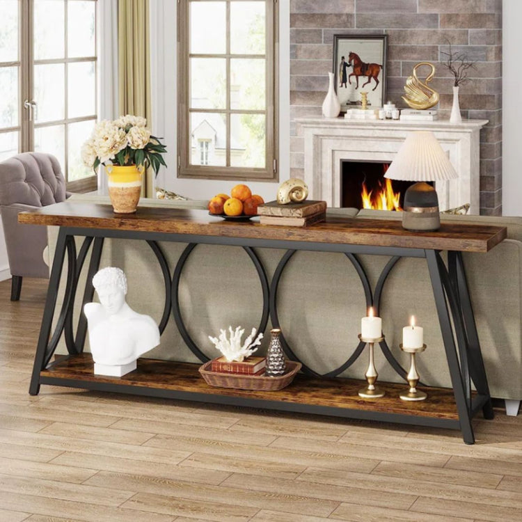 Rustic Console Table with Open Geometric Metal Frame and 2-Tier Wood Shelves-Hansart, Tables, Add a touch of industrial charm to your living space with the Industrial Console Table. Featuring a warm wood-grain finish paired with a sleek black metal frame, this eye-catching piece brings both style and function to your home. Whether you&