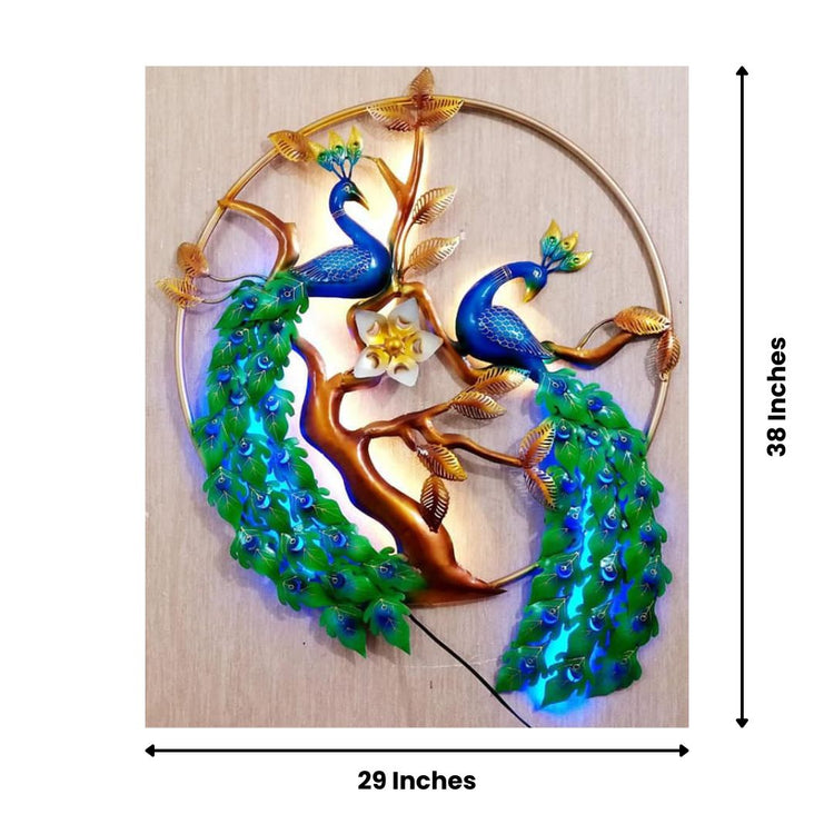 Experience the beauty of nature with our Double Peacock Metal Wall Art. This stunning piece, featuring two intricately crafted peacocks surrounded by nature, will add a touch of elegance to your living room. Measuring <strong>29 x 38 inches</strong>, this metal wall art is the perfect addition to any home decor.</span></li> <li>Made of High-Quality Iron Metal</li> <li>Anti-rust powder coating used for long lasting finish</li> <li>Hanging Mechanism included</li> <li>Peacock wall decor with led lighting