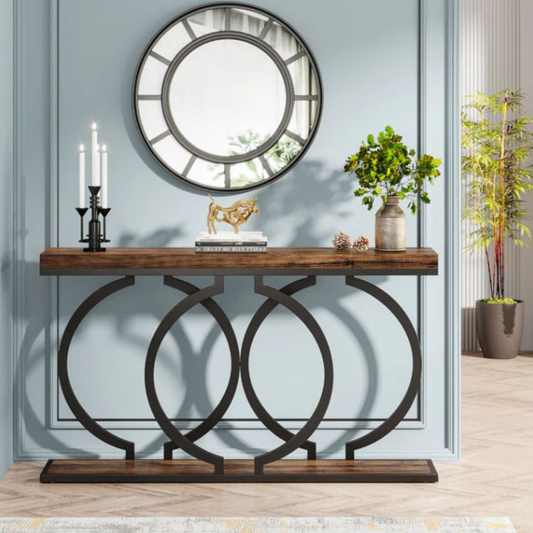 Modern Console Table with Geometric Circle Base in Rustic Brown and Black-Hansart, Tables, Add a touch of industrial charm to your living space with the Industrial Console Table. Featuring a warm wood-grain finish paired with a sleek black metal frame, this eye-catching piece brings both style and function to your home. Whether you&