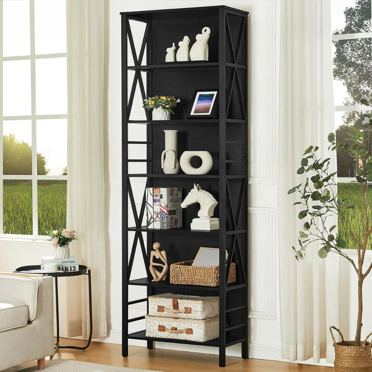 Industrial Bookshelf with Black Metal Frame – Modern Open Display Shelf for Living Room, HANSART, Add a modern industrial touch to your living space with this Tall 5-Tier Metal Frame Bookshelf. Standing at 84 inches tall, this open display shelf features a sleek black design with a durable metal frame and spacious shelves. Its minimalist yet functional design makes it an ideal storage solution for your home office, living room, bedroom, or study. Whether you need a stylish spot for books, decor, plants, or