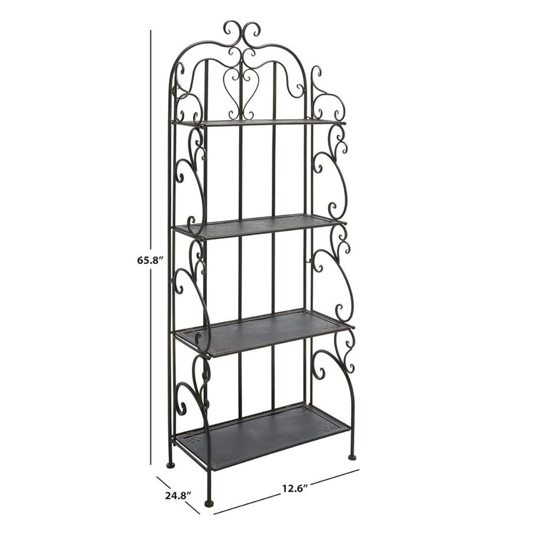 Vintage Black Metal 4-Tier Scrollwork Baker’s Rack, HANSART, Add timeless charm and versatile storage to your home or garden with this Vintage Black Metal 4-Tier Scrollwork Baker’s Rack. Crafted from durable wrought iron with a classic black finish, this freestanding shelving unit showcases intricate scrollwork and a heart-shaped accent that brings an elegant touch to any space. With four spacious shelves, it’s perfect for displaying plants, decorative accents, kitchenware, or garden tools. Its open design