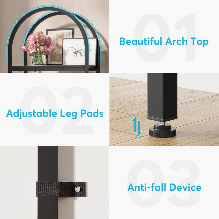 4-Tier Arched Metal Bookshelf, Black Display Rack, HANSART, Elevate your home or office decor with this sleek and modern 4-Tier Arched Metal Bookshelf. Designed with a stylish arched frame and a matte black finish, this versatile shelving unit blends seamlessly into any interior. The open shelving provides ample space for books, decorative items, plants, or storage baskets. Constructed from durable metal, this bookshelf offers stability and strength, making it a perfect combination of function and style. Mo