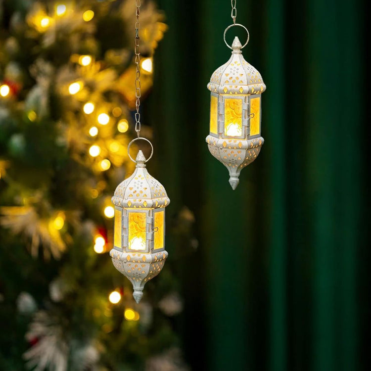 Vintage Hanging Moroccan Lanterns - White Metal Candle Holders (Set of 2)-Hansart-Hansart, Enhance your home decor with these elegant Vintage Hanging Moroccan Lanterns. Featuring an intricately carved white metal frame and embossed glass panels, these lanterns bring a touch of exotic charm and ambient lighting to any space. Perfect for holding tea light or LED candles, they are ideal for hanging indoors or outdoors, creating a warm and inviting atmosphere for weddings, parties, or everyday decor. Exquisite