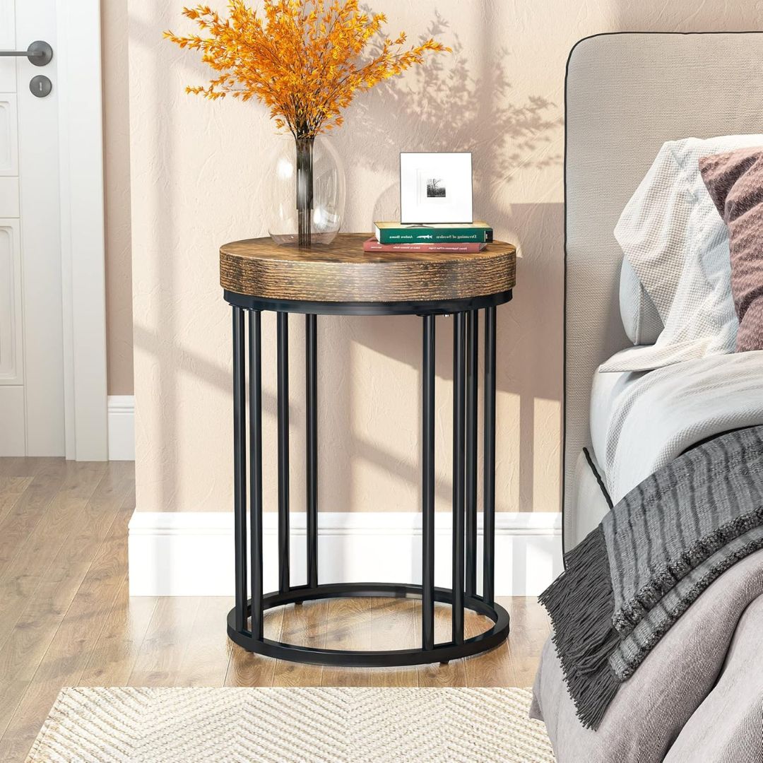 Round Industrial Side Table with Rustic Wood Top and Metal Base-Hansart, Tables, Bring modern industrial flair to your space with this Round Side Table featuring a Wood Top and Metal Frame. Designed with a minimalist aesthetic, this stylish end table combines a rich, rustic wood-grain finish with a sleek black metal base. Its clean, open-frame structure adds a contemporary touch, making it a versatile piece for living rooms, bedrooms, offices, or reading nooks. The sturdy metal frame provides stability, whi