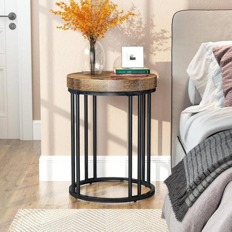 Round Industrial Side Table with Rustic Wood Top and Metal Base-Hansart, Tables, Bring modern industrial flair to your space with this Round Side Table featuring a Wood Top and Metal Frame. Designed with a minimalist aesthetic, this stylish end table combines a rich, rustic wood-grain finish with a sleek black metal base. Its clean, open-frame structure adds a contemporary touch, making it a versatile piece for living rooms, bedrooms, offices, or reading nooks. The sturdy metal frame provides stability, whi
