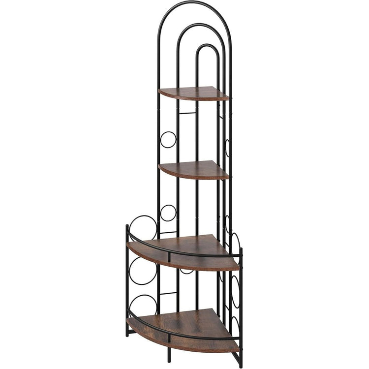 4-Tier Metal Corner Shelf with Rustic Wood Shelves for Home Decor, HANSART, Maximize your space with this 59-Inch Tall Modern Industrial Corner Shelf Unit, a perfect combination of form and function. Designed to fit snugly into any corner, this 5-tier shelving unit features a sturdy metal frame with an elegant black finish and rich wooden shelves. The arched top and circular accents give it a contemporary look that complements both modern and industrial décor styles. With its varying shelf widths, this unit