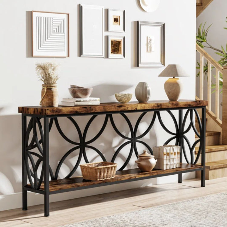 Console Table with Geometric Metal Frame and Rustic Wood Shelves-Hansart, Tables, Add a touch of industrial charm to your living space with the Industrial Console Table. Featuring a warm wood-grain finish paired with a sleek black metal frame, this eye-catching piece brings both style and function to your home. Whether you&