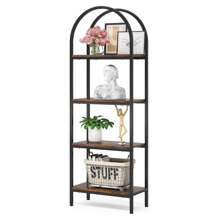 Metal Frame and Wood Display Shelf, Freestanding Storage Rack for Living Room, Bedroom, HANSART, Elevate your home decor with this elegant 4-Tier Arched Bookshelf, combining a rustic wood finish with a sturdy black metal frame. The unique arched design adds a stylish architectural element, making it an eye-catching centerpiece in any room. Ideal for displaying books, plants, decorative items, or collectibles, this freestanding storage rack offers both functionality and sophistication. Its space-saving struc