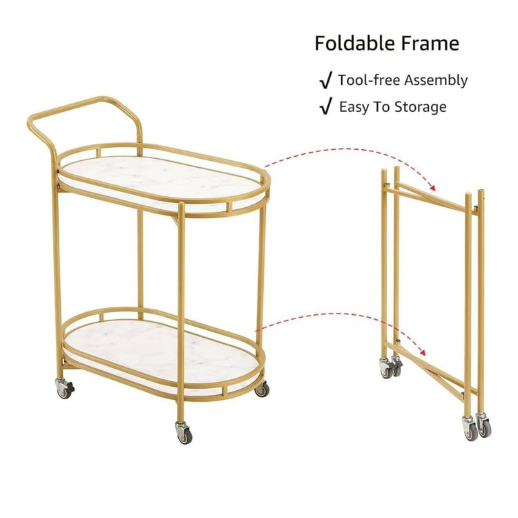 Gold bar cart with a white marble top, showing tool-free assembly and easy storage features.